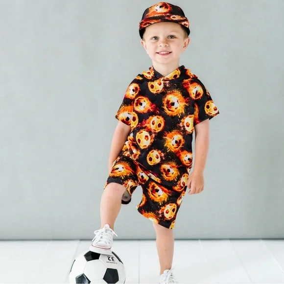 BUMS AND ROSES Blazing Goals NATURAL BAMBOO Hooded T-Shirt & Shorts Set 2T - Picture 1 of 7